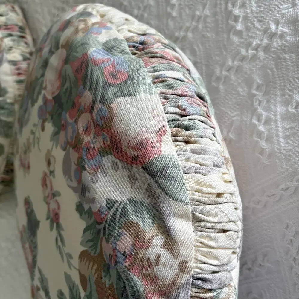 Vintage Round Floral Bird Pastel Tropical Cottagecore Ruched Edge Throw Pillows